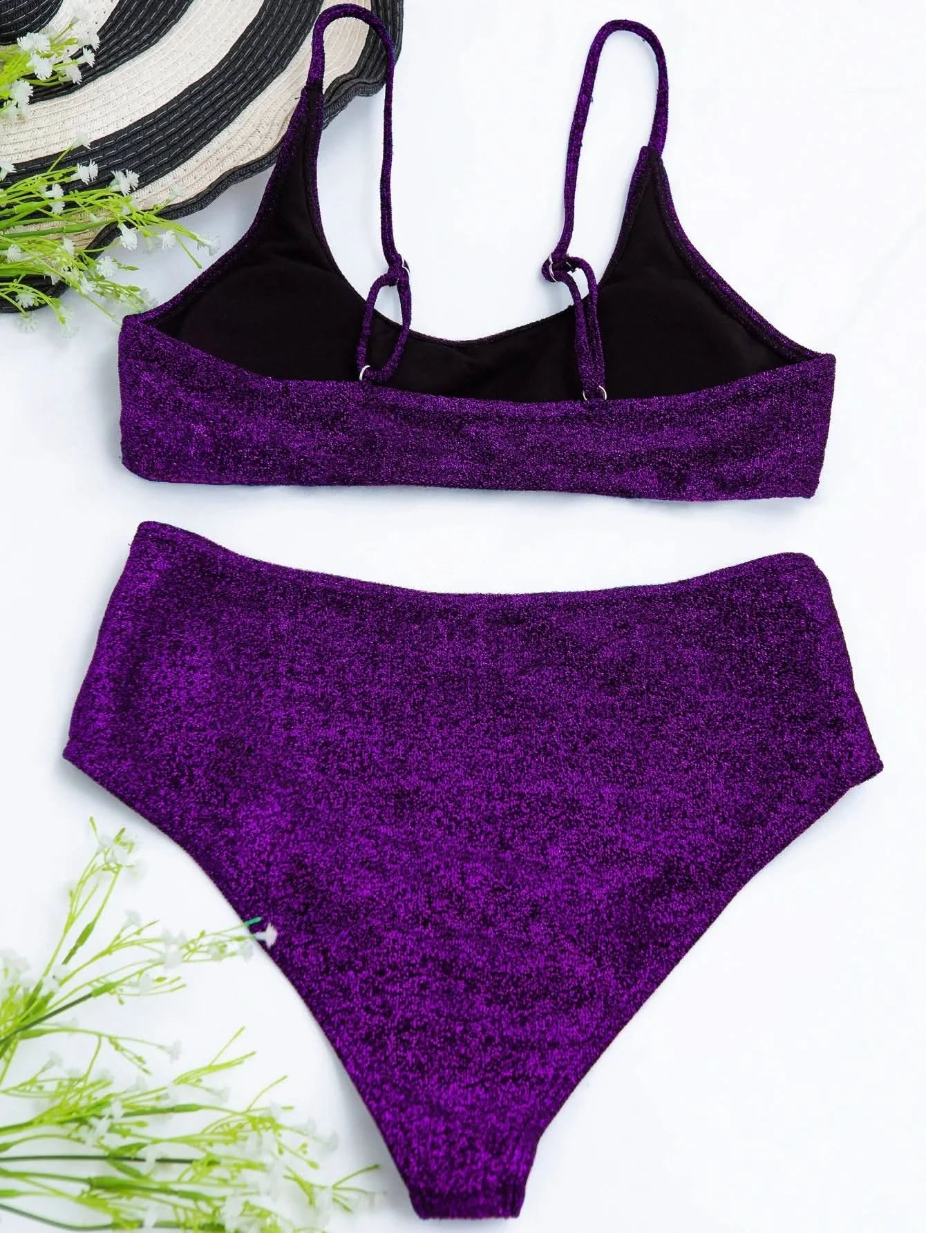 Sexy Sequin Bikini Shiny Solid Pink Push Up High Waist Bikini Set Female High Cut Bathing Suit Halter Top Swimwear Beachwear - M & M Global
