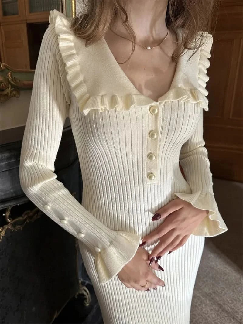 TARUXY High Waist Ruffled Maxi Dresses For Women Autumn Winter Knitted Slim Long Dress Women's Vintage Dress Woman Retro Elegant - M & M Global
