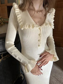 TARUXY High Waist Ruffled Maxi Dresses For Women Autumn Winter Knitted Slim Long Dress Women's Vintage Dress Woman Retro Elegant - M & M Global