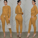 New round Neck Long Sleeve Slim Fit Warm Top Elastic Waistband Lace-up Trousers Simple Solid Color Sports Two-Piece Set