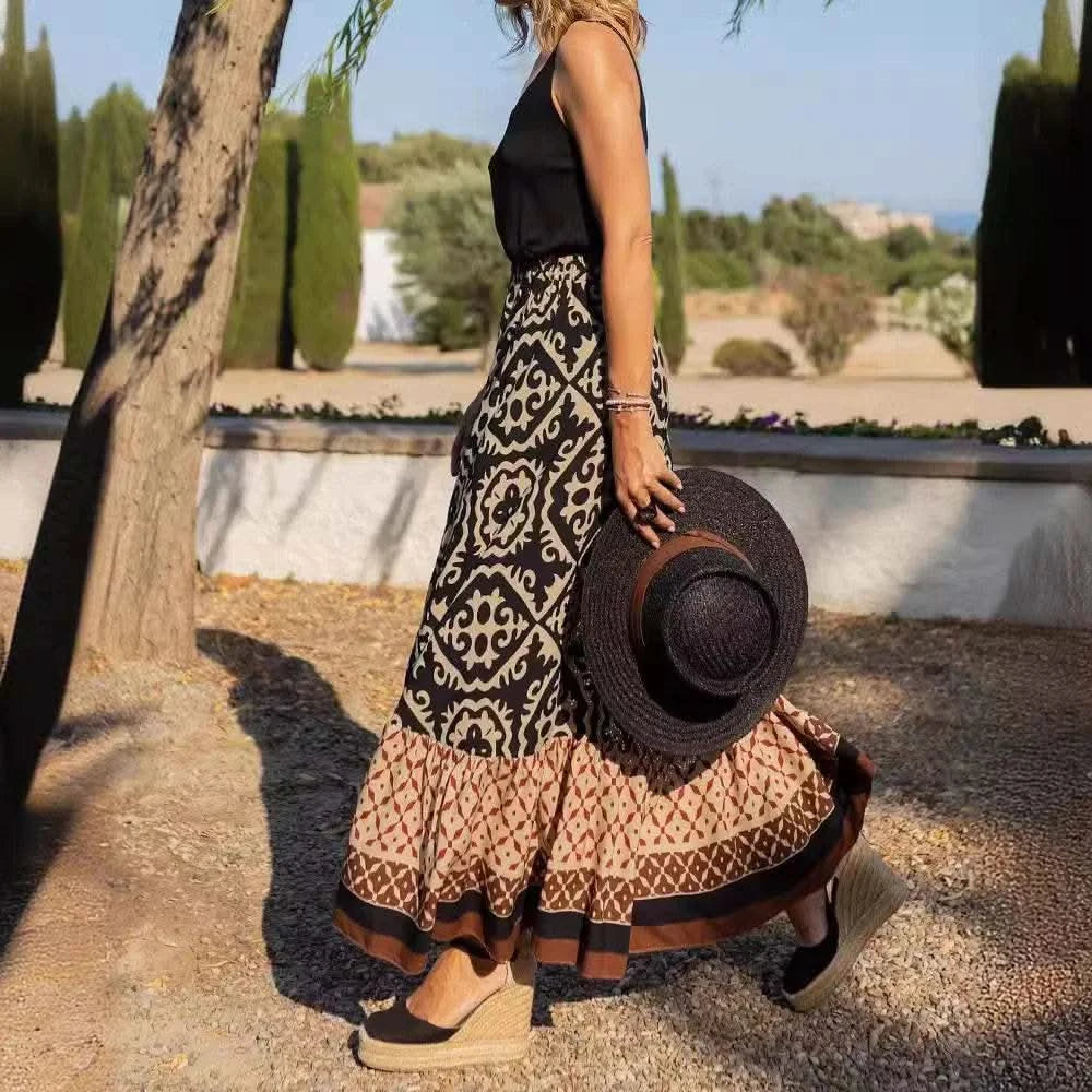 boho print maxi skirt women fashion high waist 3D printting long dress casual loose summer high waist skirts for women 2024 - M & M Global