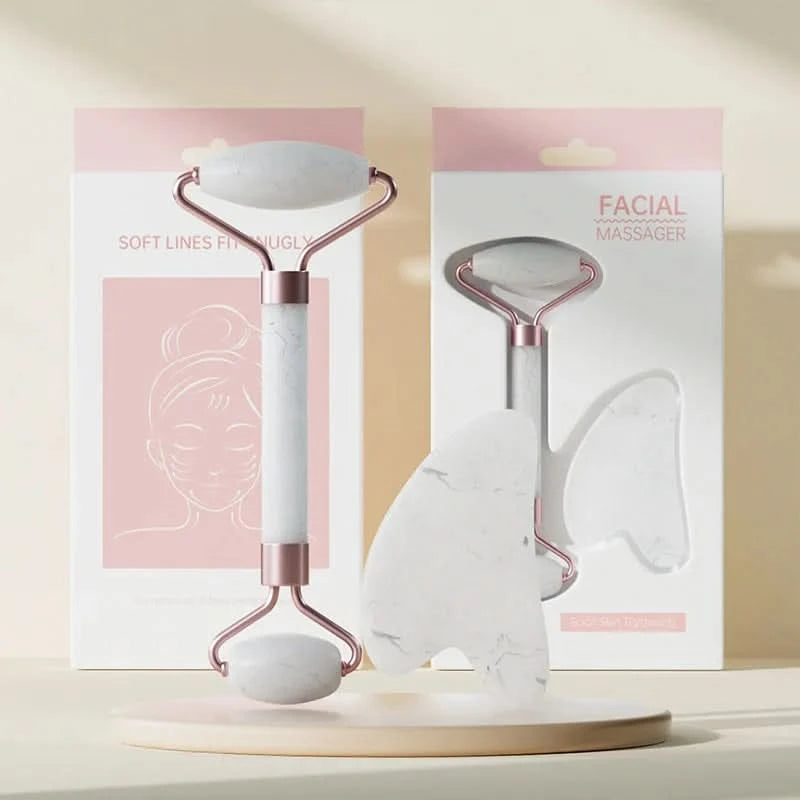 Face And Neck Massager Roller and Guasha Board Resin Non-rose Crystal Jade Roller Beauty Double-ended Massage Skincare Tools - M & M Global