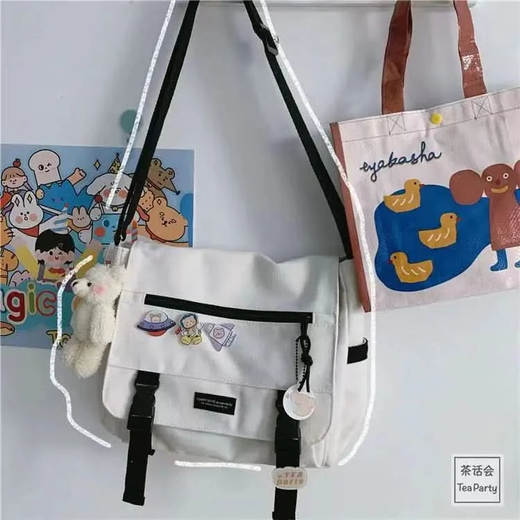 Harajuku Versatile Messenger Bag, Retro Street Crossbody Bag, Student School Canvas Bag,Casual Large Capacity Shoulder Bag - M & M Global