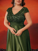 Plus Size Elegant V-Neck Red Sequins Evening Dress Long Luxury Women Satin Sleevesless Party Prom Cocktail Gowns
