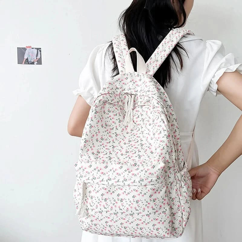 Student School Backpack Floral White School Bags For Teenage Girls Cute Women's Backpack Book Bag Nylon Rucksack - M & M Global