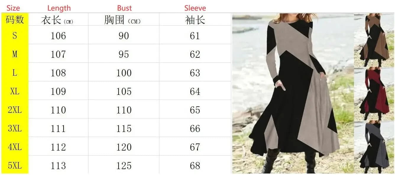 Long Dress Casual Eid Style Retro Autumn and Winter Long Sleeved Oversized Swing Maxi Dresses Patchwork Streetwear Vestidos - M & M Global