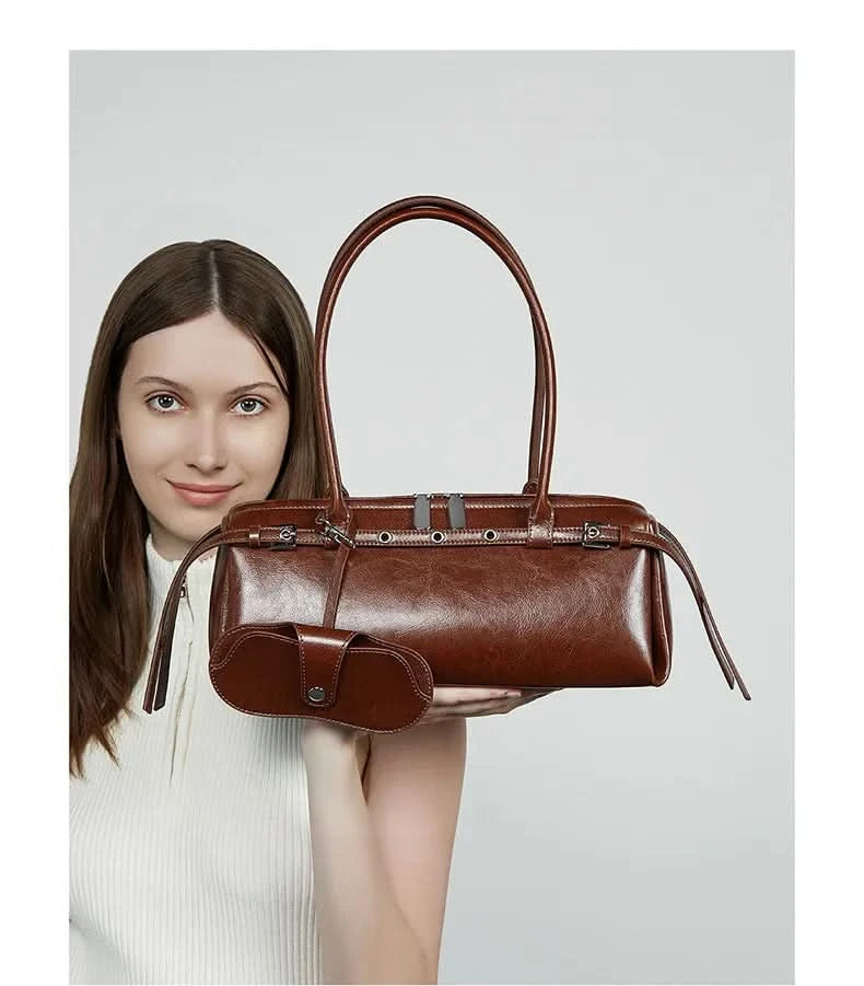 Genuine Leather Women's Baguette Bag Niche Retro Motorcycle Trend Cool belt Handbag New Luxury Design Shoulder Underarm Bag - M & M Global