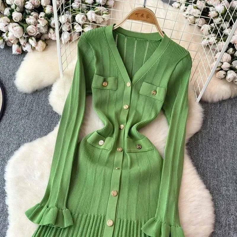 2024 Green Fashion Autumn Winter Knitted Long Dress French Style Letter Buttons Elegant Sweater Dress Lady Office Bodycon - M & M Global