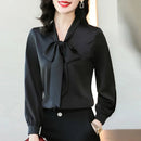 Elegant Pure Color Long Sleeve Women's Shirt with Bow Tie Single Button Open Cardigan Spring Autumn Fashionable Ageless