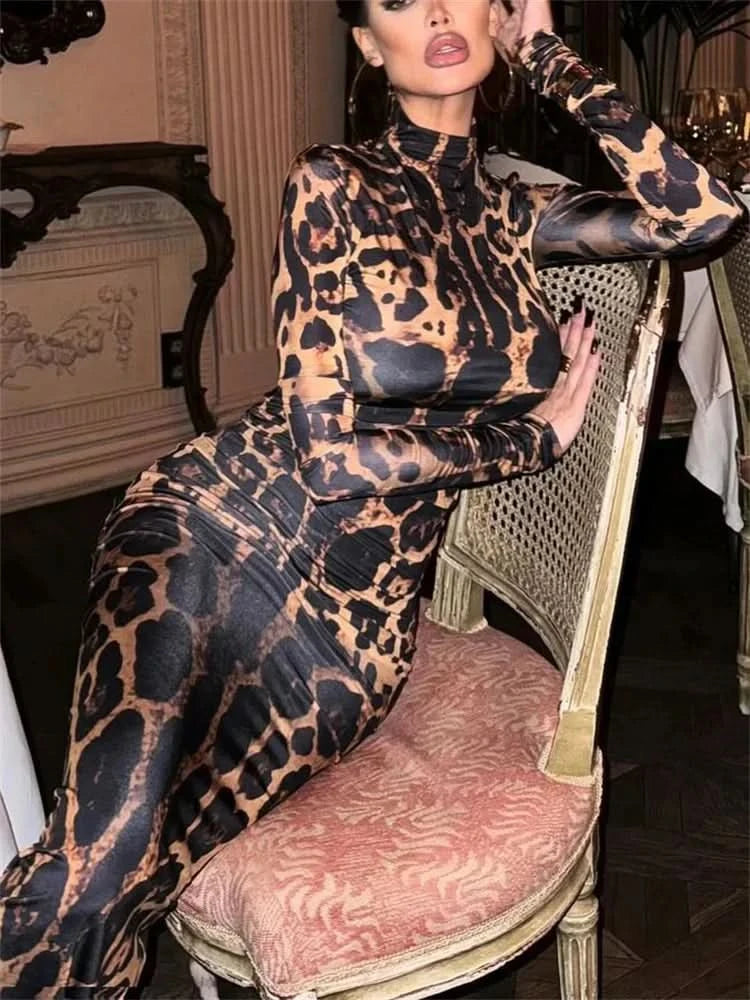 Print Leopard Print Slim Long Dress Women's Fashion Long Sleeve Sexy Party Dress Summer Street Leopard Print Long Dress 2024 New - M & M Global