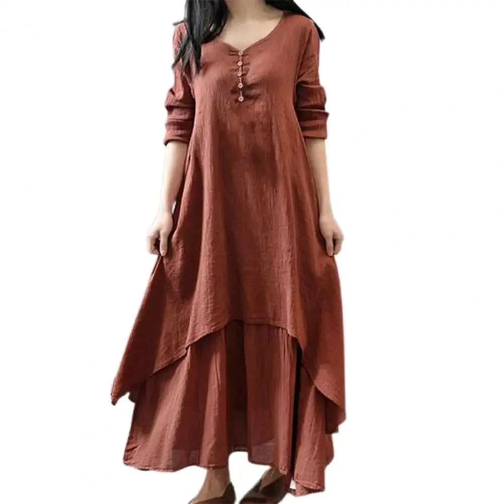 Women Elegant Linen White Dresses Bohemia Layering Vintage Robe Long Sleeve Loose Long Dress Female Autumn Vestidos - M & M Global