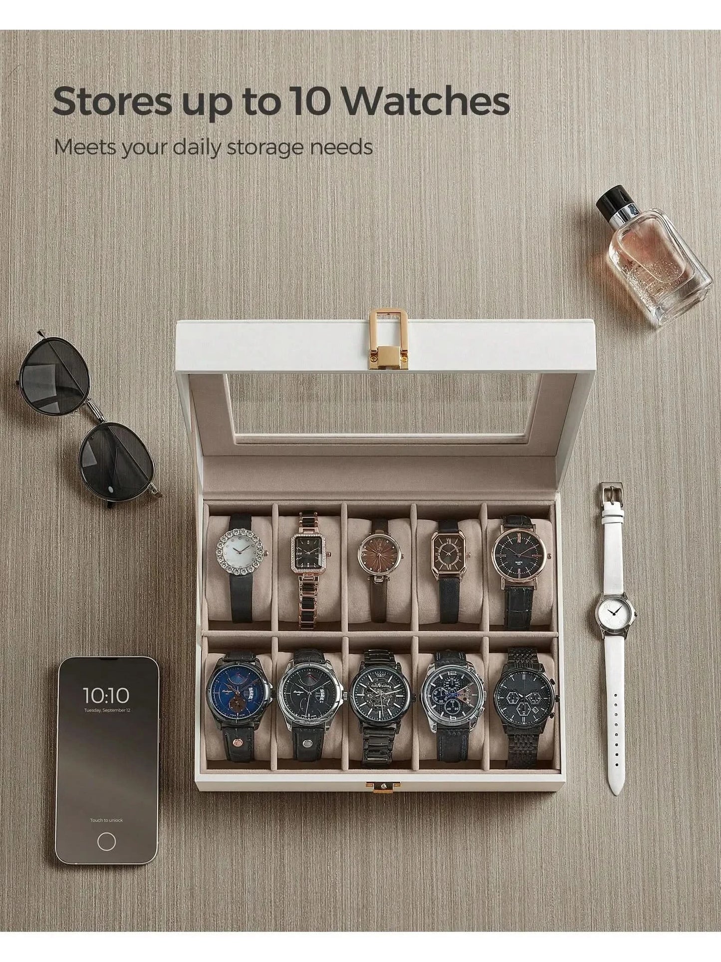 SONGMICS Watch Box, 10-Slot Watch Case with Large Glass Lid, Removable Watch Pillows, Watch Box Organizer, Gift for Loved Ones - M & M Global