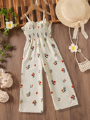 European and American Style Girls' Fresh Floral Print Suspender Wide-Leg Jumpsuit, Summer Thin Style, Sweet Pastoral Style Printed Sleeveless Drapey Cropped Pants for Girls Aged 4-5-6-7-8, Retro Gentle Style Girls' Jumpsuit O