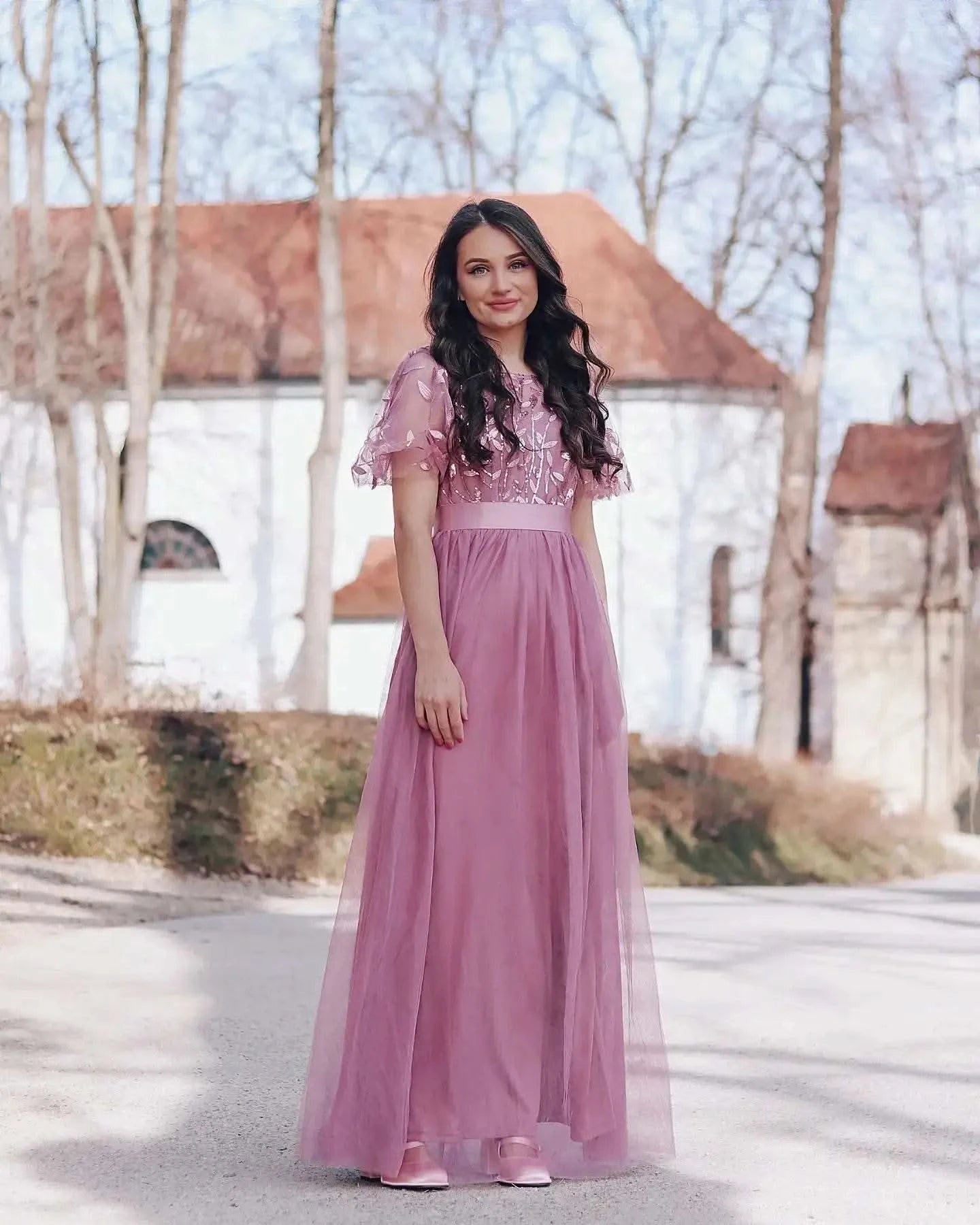 2023 New Women's Burgundy A-Line Sequin Mesh Leaf Maxi Prom Dress Sparkle Evening Dresses O-Neck Short Sleeve Long Dress - M & M Global
