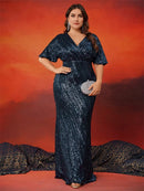 Plus Size Elegant V-Neck Sequins Evening Dresses Women Short Sleeve Luxury Wedding Party Floor Lenght Cocktail Gowns