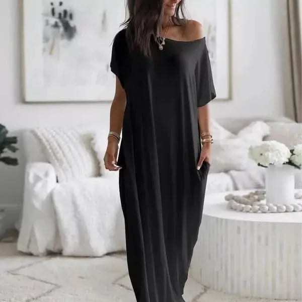 Summer Home Long Dress Comfortable Casual Sexy One-shoulder Bat-sleeve Dress Women's Short-sleeved Long Dress - M & M Global
