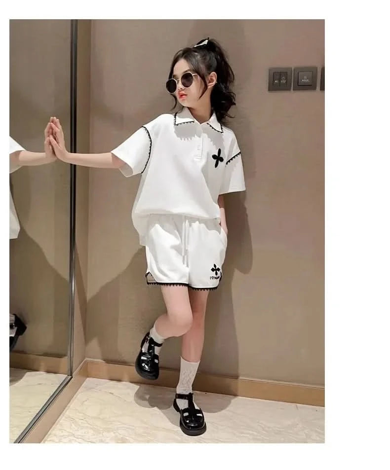 Girls Summer Polo Shirt Set Ruffle Collar T-Shirt Shorts Two-Piece Korean Style Mid-Big Children Fashionable Clothing - M & M Global