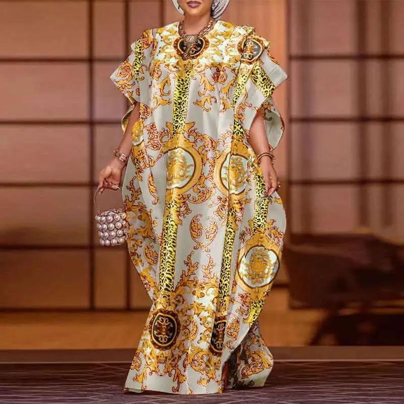 VONDA Plus Size 5XL Elegant Maxi Long Dress 2024 Fashion Satin Dress Sexy Printed Patchwork Bat-wing Sleeve Vestidos Ruffle Robe - M & M Global