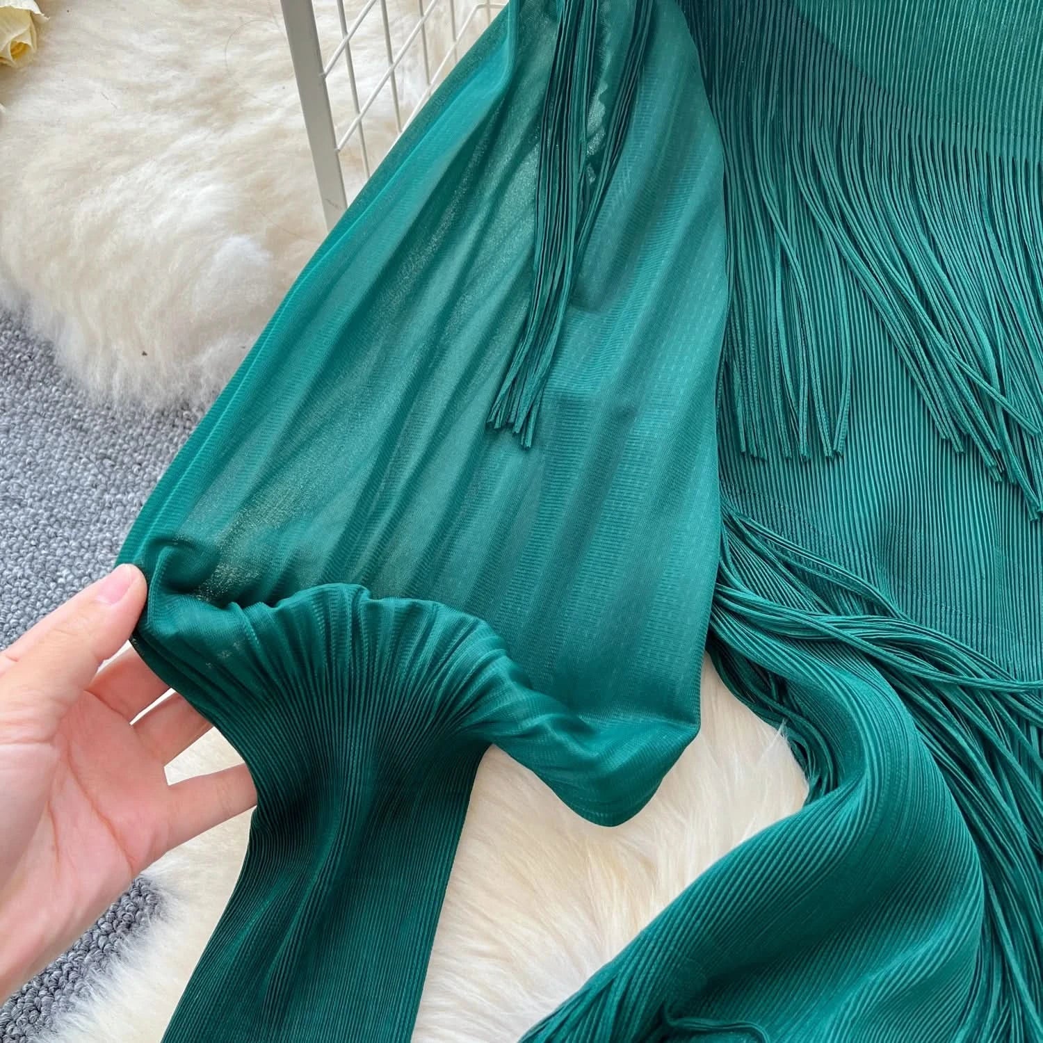 Vintage O-Neck Elegant Long Lantern Sleeve Chic Tassel Slim Long Dress French Fashion Evening High Street Autumn Winter Clothing - M & M Global