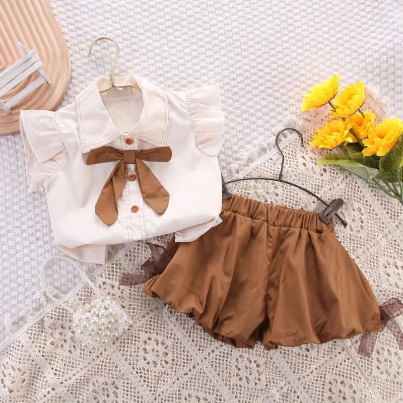 Girls Summer Casual Set Summer Vacation Bow Top + Shorts 2 Piece Set Children Clothes Girl - M & M Global