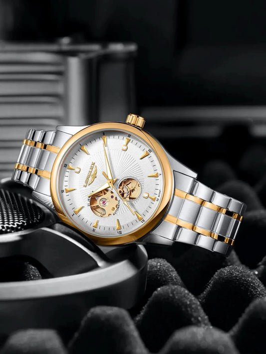LONGLUX Men automatic mechanical watch elegant luxury watches waterproof skeleton business wholesale stainless steel gift watch - M & M Global