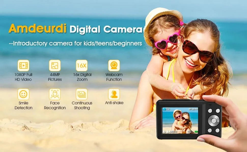HD 1080P 2.4 inch digital Camera Rechargeable Cameras with 16x Zoom Compact Camera 44MP Cameras for kids Beginner Camera - M & M Global