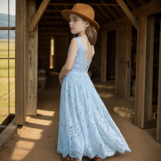 Plus Size Princess Girls Cotton Lace Party Long Dress Baby Kids Flower Girl Wedding Birthday Children Clothing 2 4  6 8 10 12 14 - M & M Global