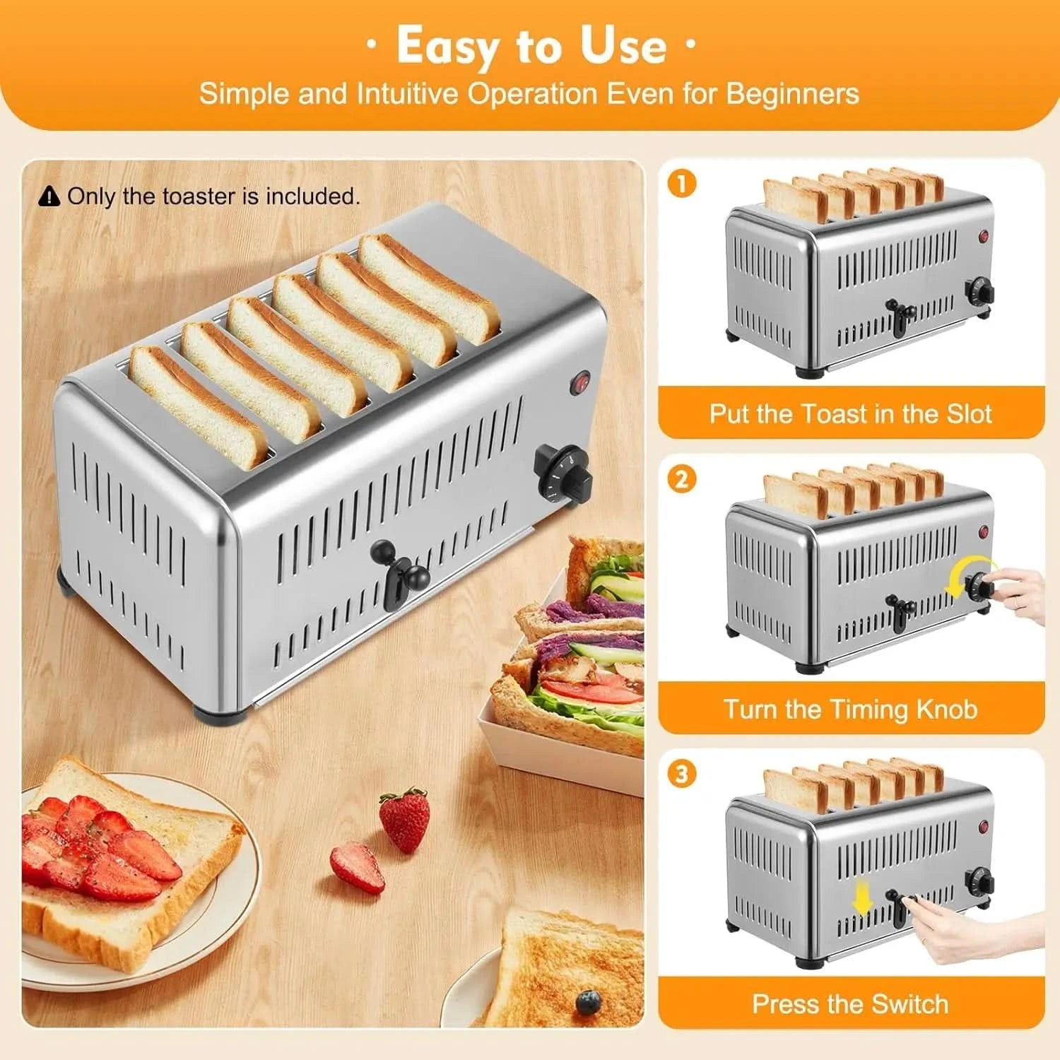 Commercial Toaster, Stainless Steel 6 Slice Toaster Machine 1680w Electric Toaster 6 Bread Slots for Restaurant Hotel Home Kitch - M & M Global