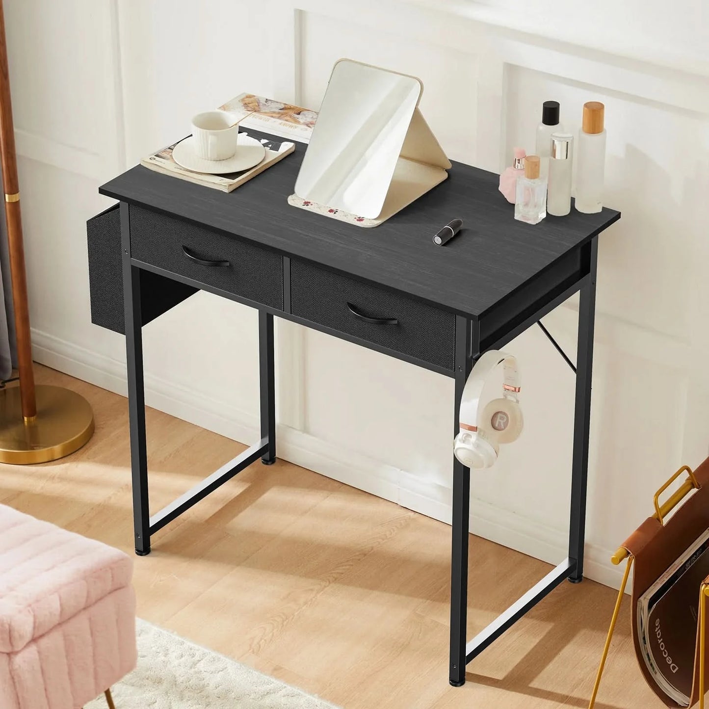 JHK 32 Inch Modern Office Computer Desk with Fabric Storage Drawers Space Side Bag Metal Frame Adjustable Feet For Home PC Table