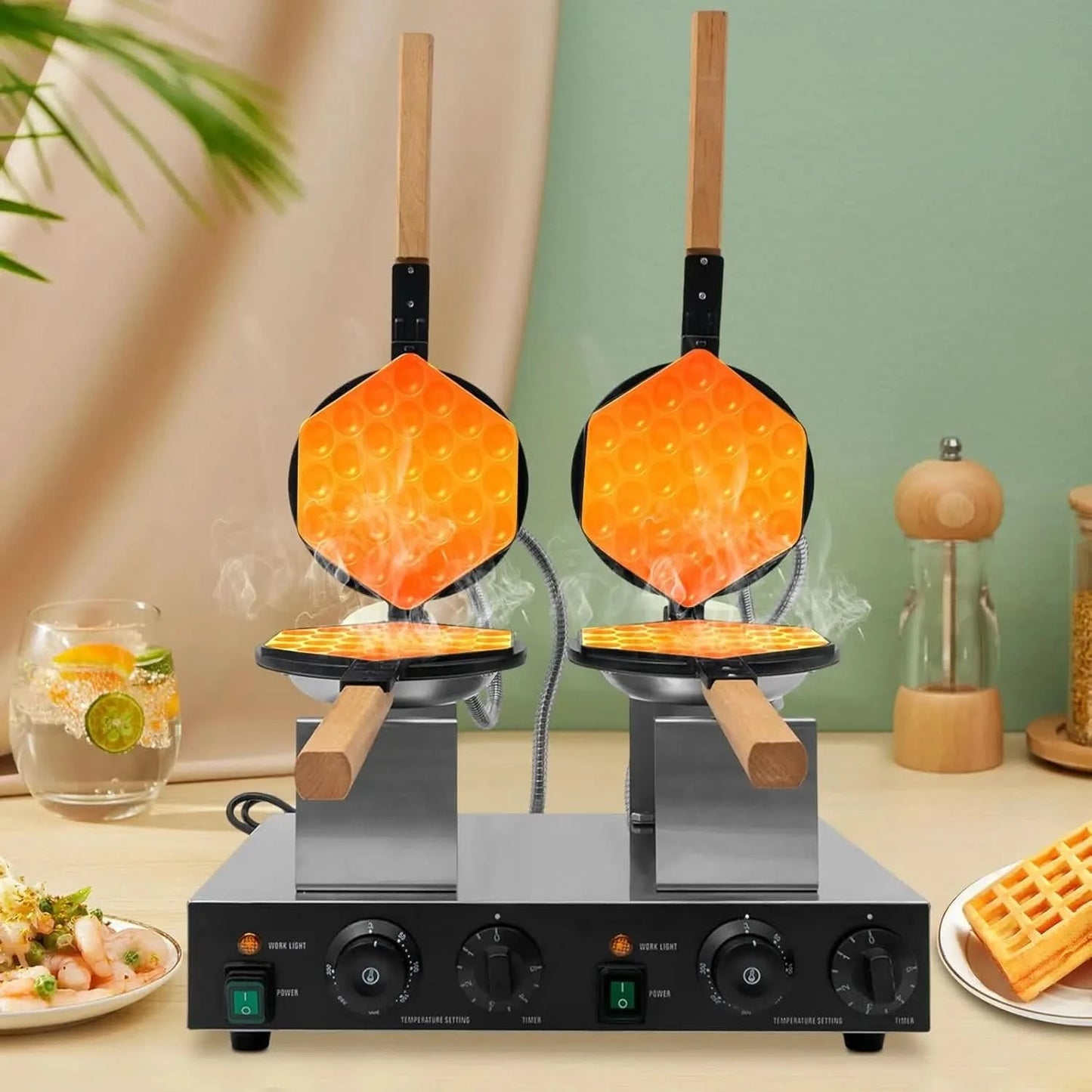 Double-head Honeycomb Egg Waffle Making Machine Non Stick Stainless Steel Pancake Maker Hong Kong Egg Waffle Maker For Restauran - M & M Global