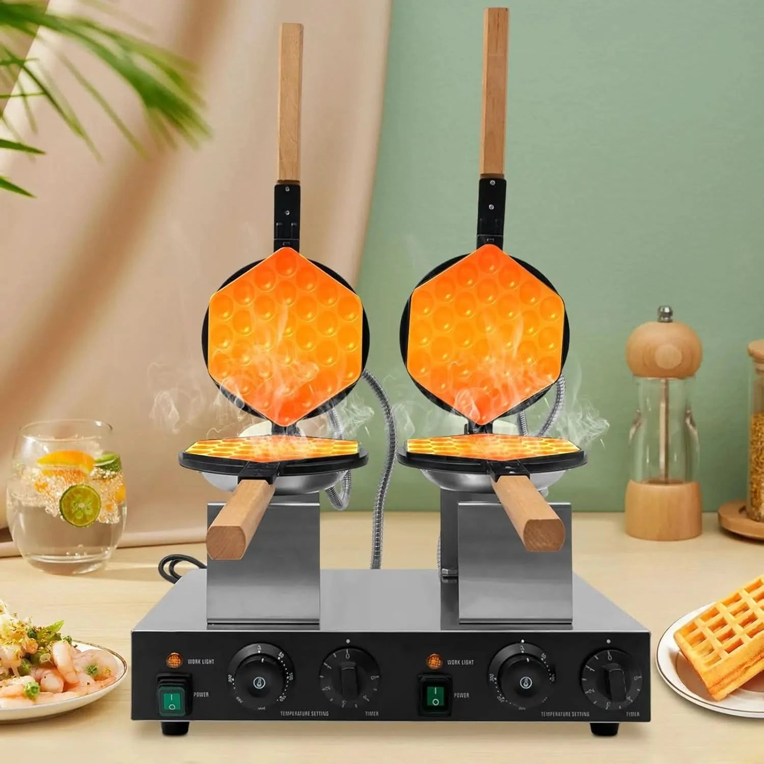 Double-head Honeycomb Egg Waffle Making Machine Non Stick Stainless Steel Pancake Maker Hong Kong Egg Waffle Maker For Restauran - M & M Global