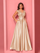 New Luxury Gold Satin V-Neck Sequins Embroidery Formal Evening Dresses Women Long Elegant Wedding Party A-line Cocktail Gowns
