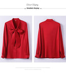 Elegant Pure Color Long Sleeve Women's Shirt with Bow Tie Single Button Open Cardigan Spring Autumn Fashionable Ageless