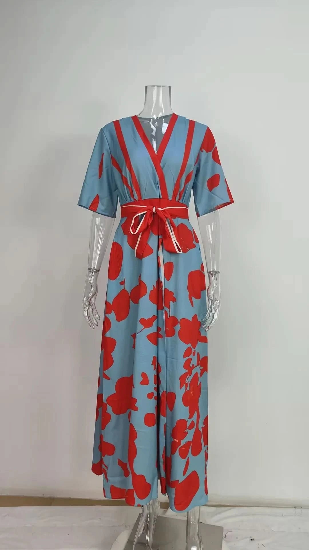 Spring Summer Women Fashion V Neck Belted Party Long Dress Sexy Printing  Boho Maxi Dresses Short Sleeve Pocket Femlae Holiday - M & M Global