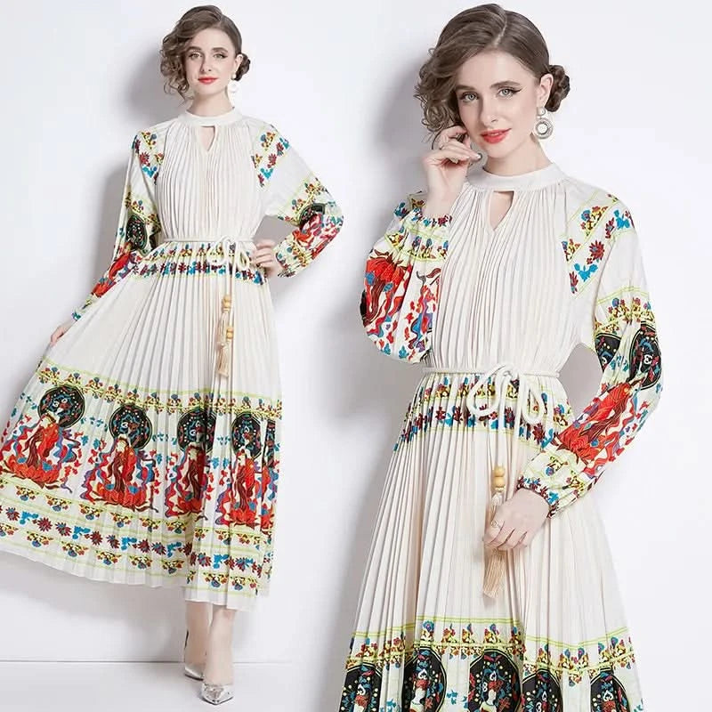 Spring Holiday Print Long Dress For Women Fashion Loose Lantern Sleeve Party Robe Female Big Swing Tassels Belt Pleated Clothes - M & M Global