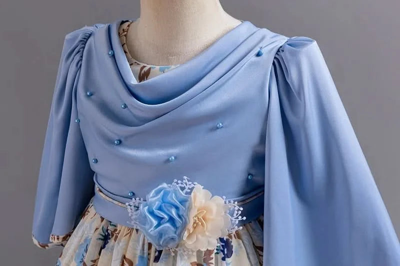 Girls flower pearl long sleeved princess dress 4-12 years old elegant bow printed long dress carnival birthday party performance - M & M Global