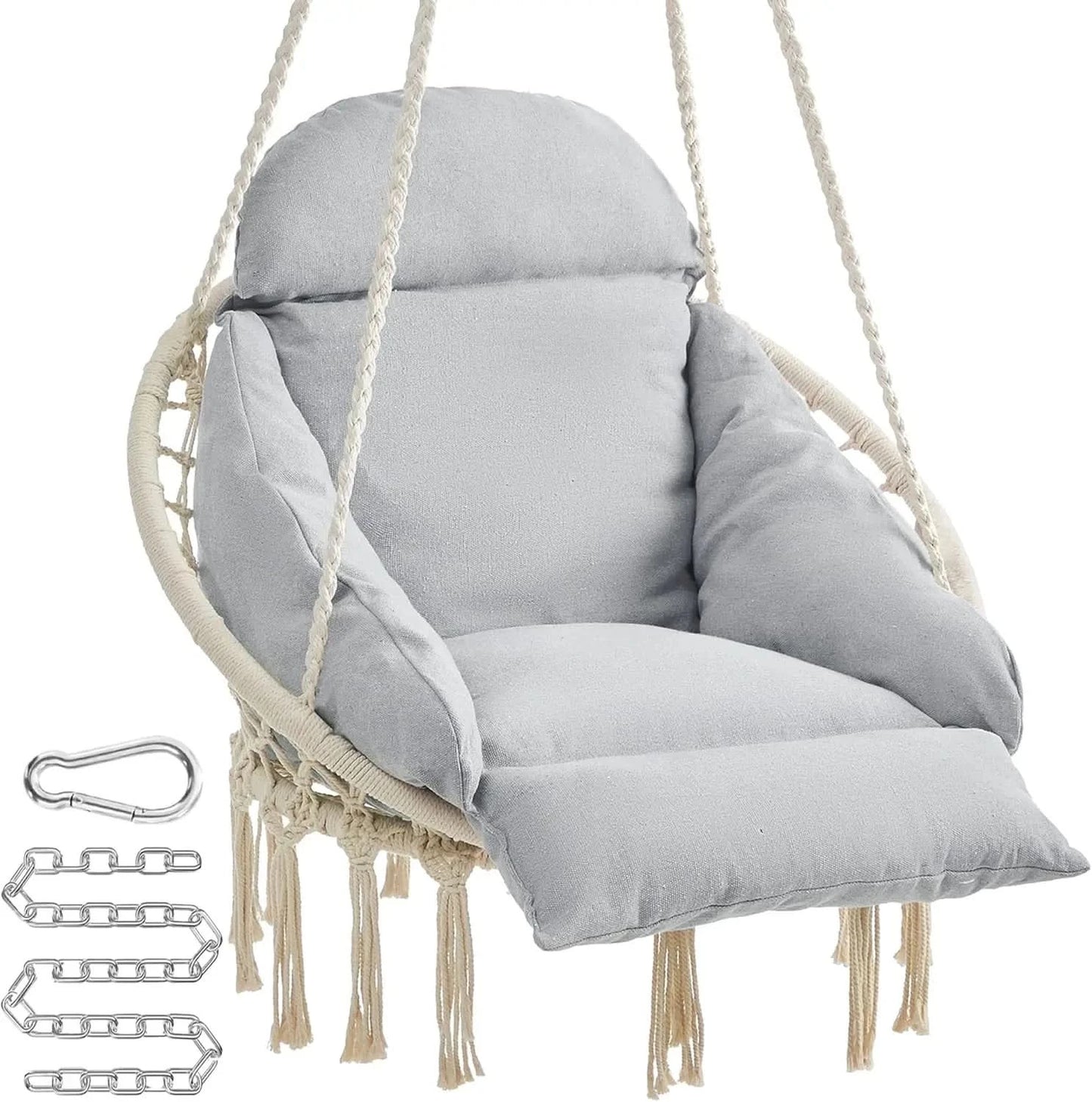 Hanging Chair. Hammock Chair with Thick Cushion. Boho Swing. Holds 264 lb. Accessories Included. Dove Gray. UGDC042G11.