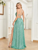 Elegant Formal Sequin V-Neck Evening Dresses 2025 Women Sexy Suspenders Slit Party Prom Cocktail Long Gowns
