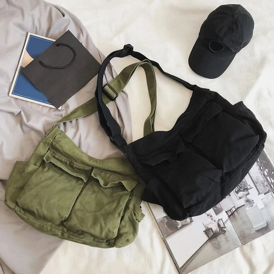 Women Vintage Canvas Large Capacity Shoulder Bags Female Casual Solid Color Handbags Simple Messenger Bags Vintage Crossbody Bag - M & M Global
