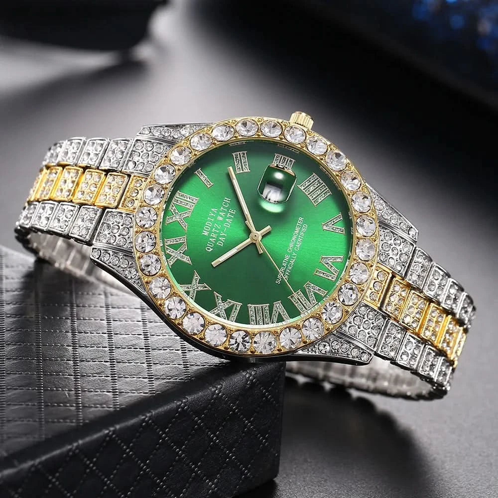 Hip Hop Iced Out Men Watch Full AAA Rhinestone Around Luxury Quartz Watches Round Clock Unisex Wrist Watch Gift For Boyfriend - M & M Global