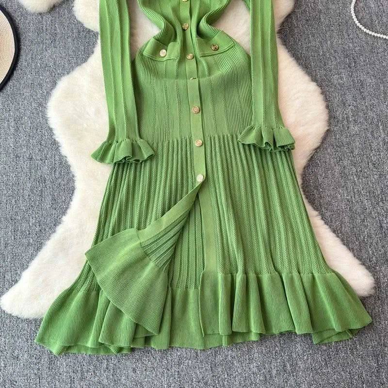 2024 Green Fashion Autumn Winter Knitted Long Dress French Style Letter Buttons Elegant Sweater Dress Lady Office Bodycon - M & M Global