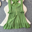 2024 Green Fashion Autumn Winter Knitted Long Dress French Style Letter Buttons Elegant Sweater Dress Lady Office Bodycon - M & M Global