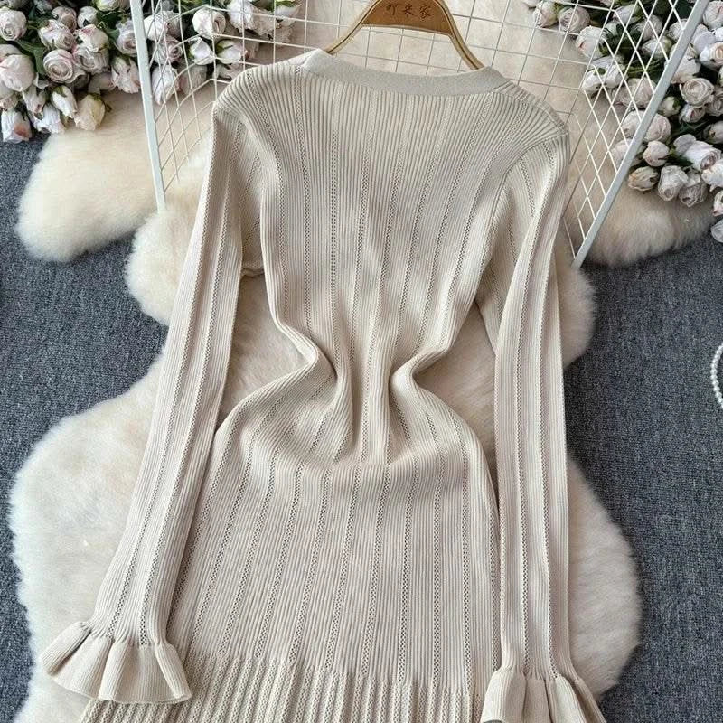 2024 Green Fashion Autumn Winter Knitted Long Dress French Style Letter Buttons Elegant Sweater Dress Lady Office Bodycon - M & M Global