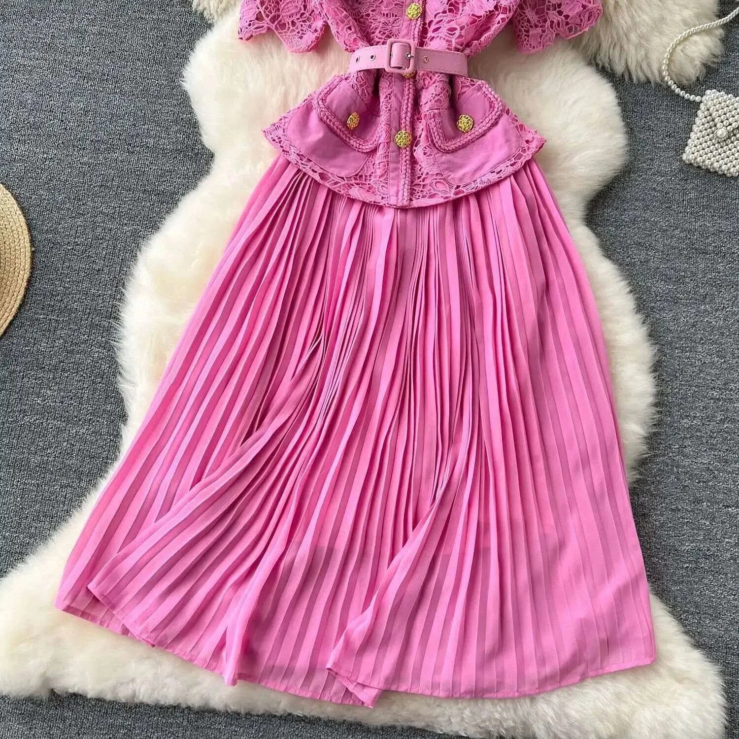 Designer 2025 Summer Pleated Chiffon Lace Long Dress Women Flower Embroidery Gold Button Belt Evening Party Dresses Wedding Robe - M & M Global