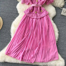 Designer 2025 Summer Pleated Chiffon Lace Long Dress Women Flower Embroidery Gold Button Belt Evening Party Dresses Wedding Robe - M & M Global