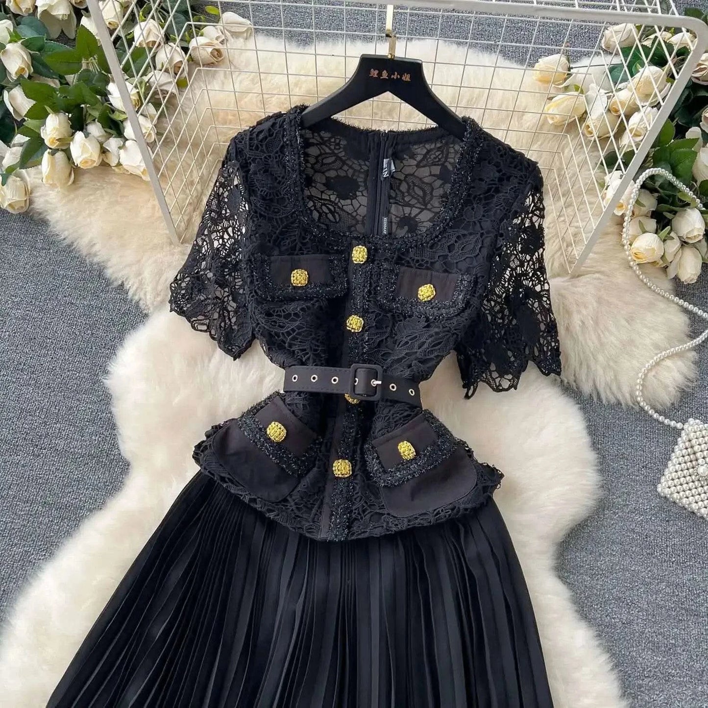 Designer 2025 Summer Pleated Chiffon Lace Long Dress Women Flower Embroidery Gold Button Belt Evening Party Dresses Wedding Robe - M & M Global