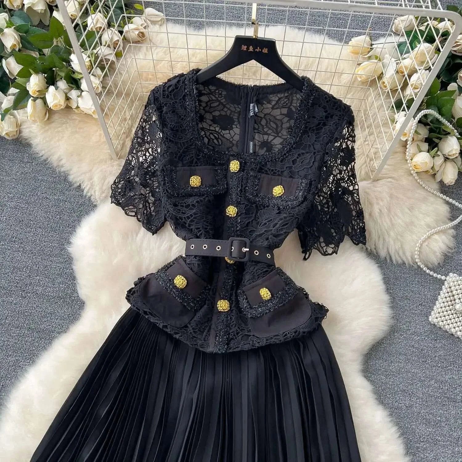 Designer 2025 Summer Pleated Chiffon Lace Long Dress Women Flower Embroidery Gold Button Belt Evening Party Dresses Wedding Robe - M & M Global