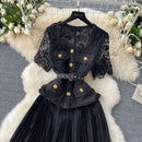 Designer 2025 Summer Pleated Chiffon Lace Long Dress Women Flower Embroidery Gold Button Belt Evening Party Dresses Wedding Robe - M & M Global