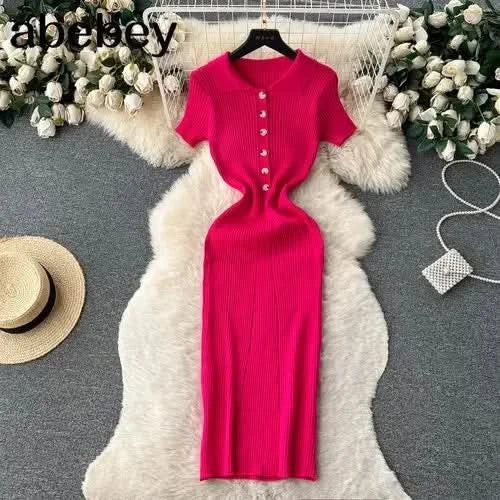Summer Elastic Women Solid Knit Dress Summer Rose Red Retro Loose Sundress Sets 2024 bodycon Streetwear Sheer Beach Long Dress - M & M Global