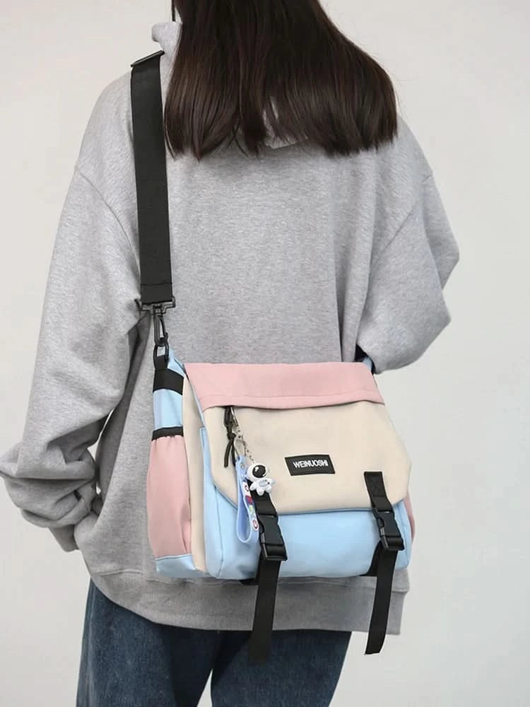 Unisex Student Messenger Bag Large Capacity Flap Crossbody Bag Contrast Color Casual Shoulder Bag for College Travel Business - M & M Global